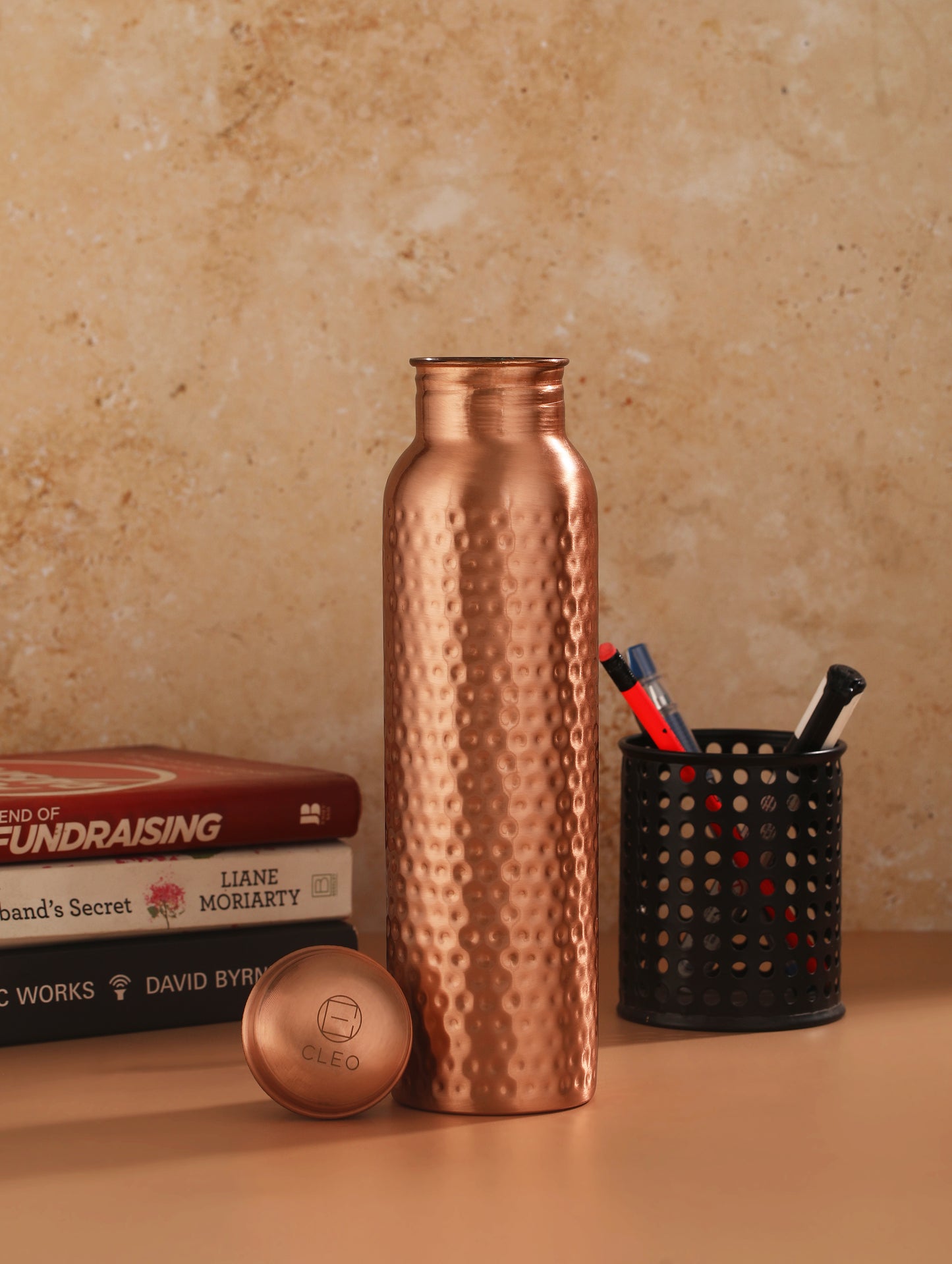 Hand Crafted Hammered Copper Bottle With Canvas Bag & Sustainable Coir Brush