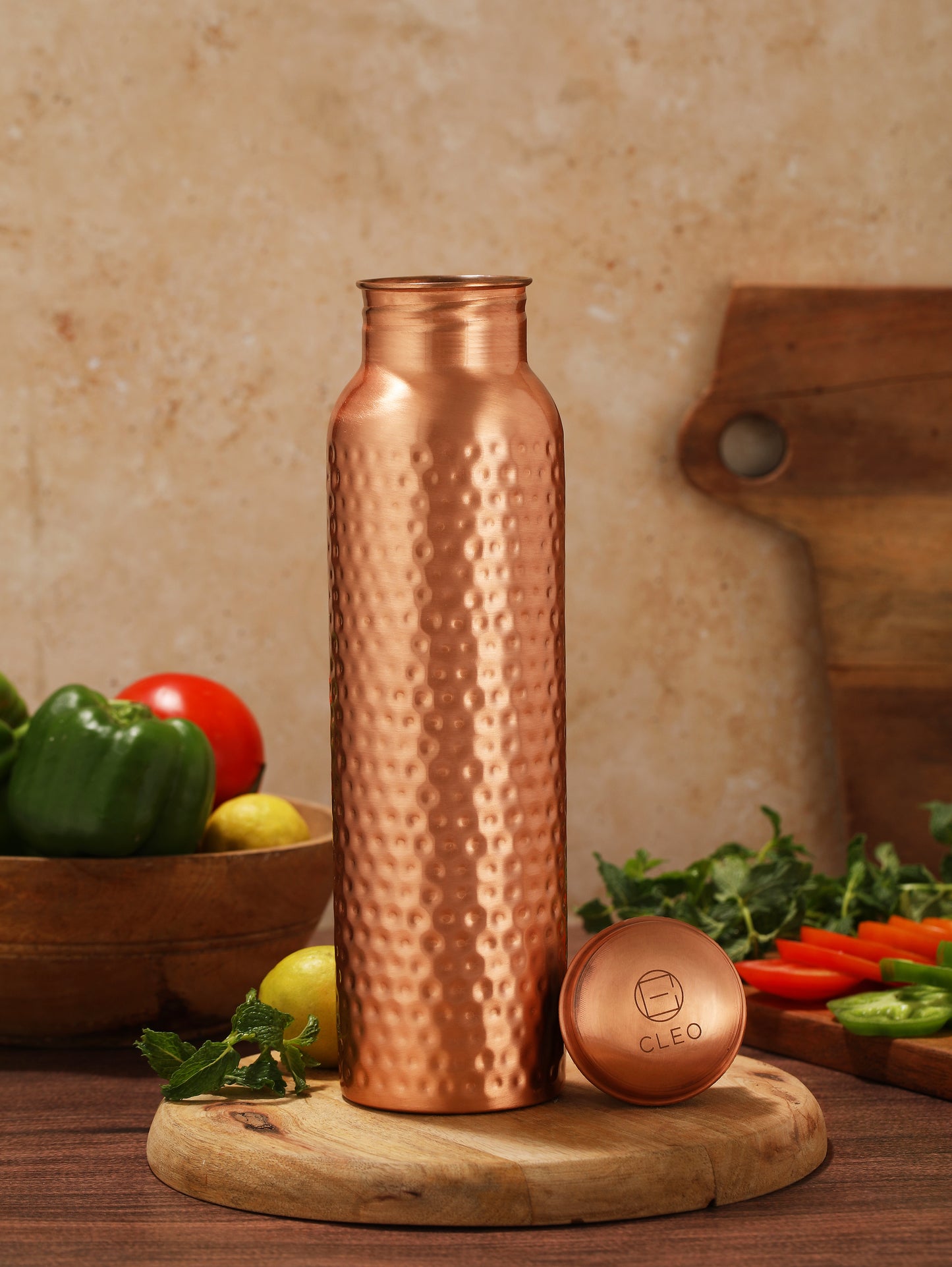 Hand Crafted Hammered Copper Bottle With Canvas Bag & Sustainable Coir Brush