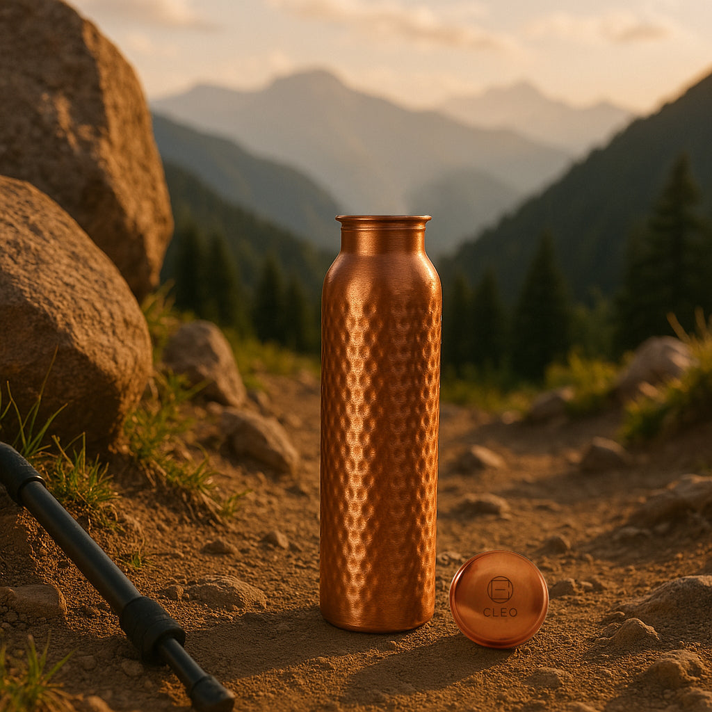 Hand Crafted Hammered Copper Bottle With Canvas Bag & Sustainable Coir Brush