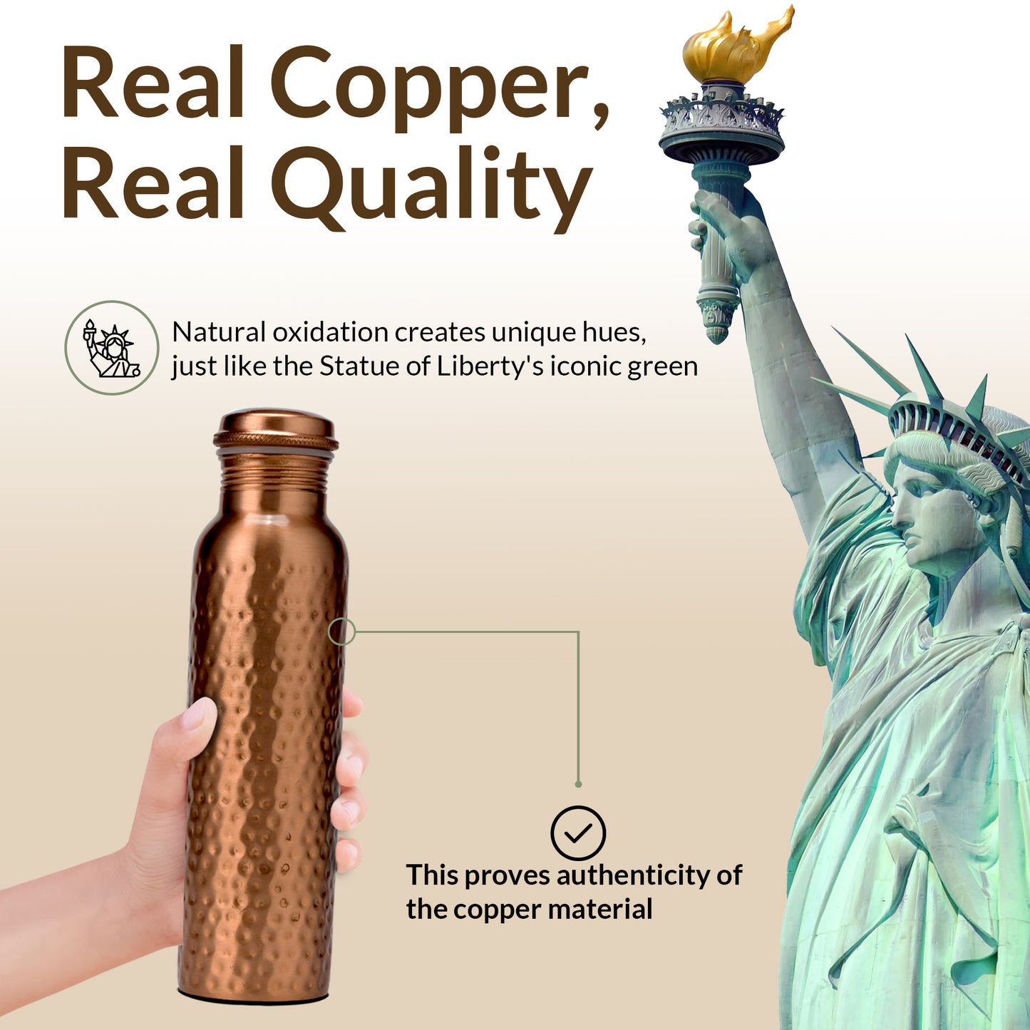 Copper Water Bottle, 950 ML (32.5 Oz) - Hand-crafted Hammered Copper Vessel With Canvas Bag+Sustainable Cleaning Brush