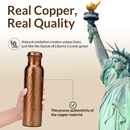 Copper Water Bottle, 950 ML (32.5 Oz) - Hand-crafted Hammered Copper Vessel With Canvas Bag+Sustainable Cleaning Brush