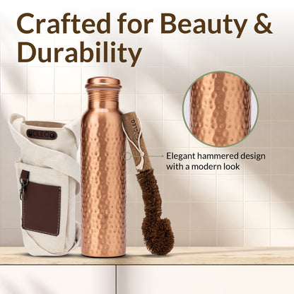 Copper Water Bottle, 950 ML (32.5 Oz) - Hand-crafted Hammered Copper Vessel With Canvas Bag+Sustainable Cleaning Brush