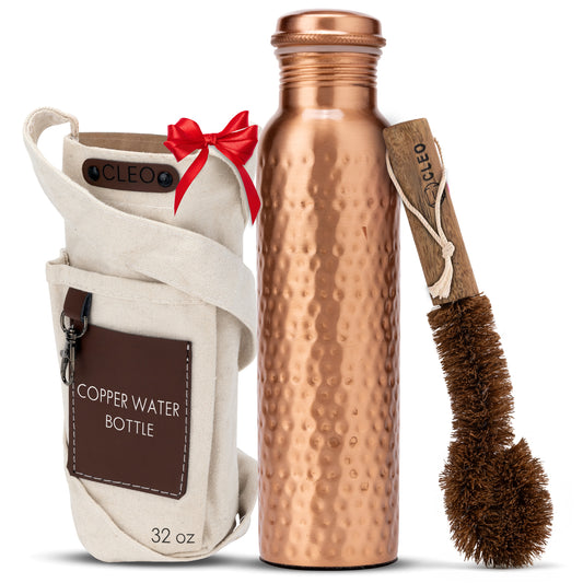 Copper Water Bottle, 950 ML (32.5 Oz) - Hand-crafted Hammered Copper Vessel With Canvas Bag+Sustainable Cleaning Brush