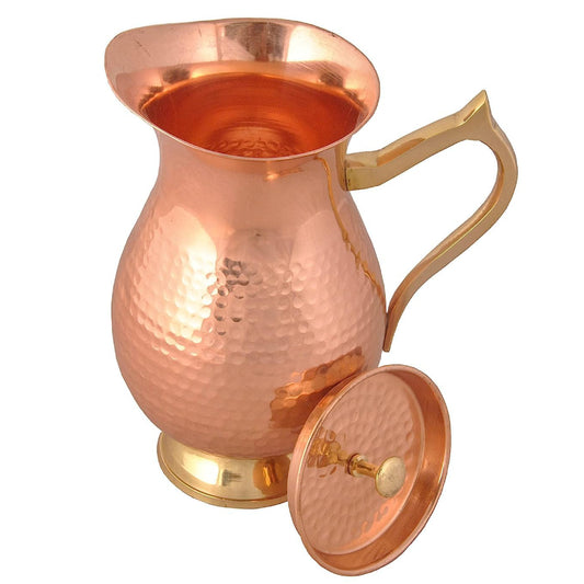 AVA DESIGNZ HandCrafted Hammered Copper Pitcher | Copper Jug with a Lid | Copper Carafe for Home, Hotel & Gifting (1100 ML) - CLEO HOME