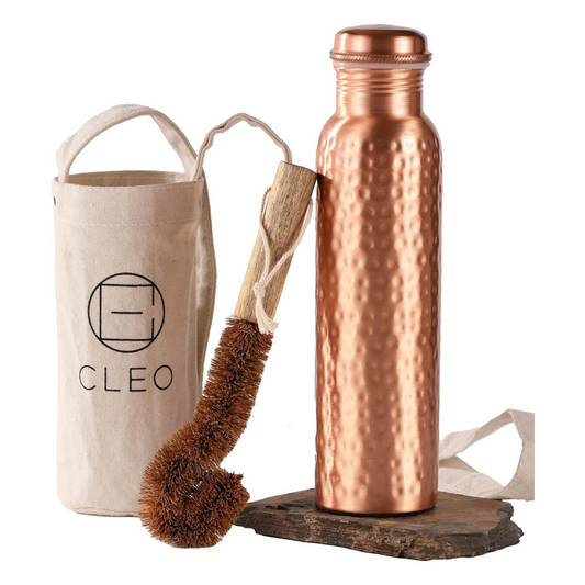 Hand Crafted Hammered Copper Bottle With Canvas Bag & Sustainable Coir Brush - CLEO HOME