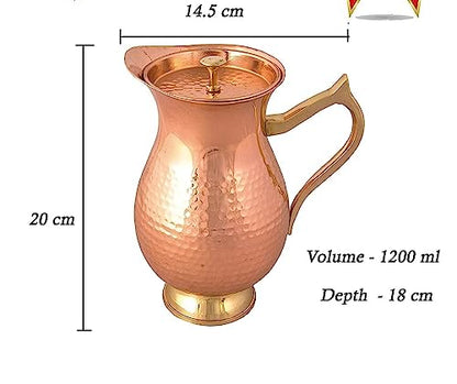 AVA DESIGNZ HandCrafted Hammered Copper Pitcher | Copper Jug with a Lid | Copper Carafe for Home, Hotel & Gifting (1100 ML) - CLEO HOME