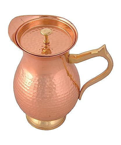 AVA DESIGNZ HandCrafted Hammered Copper Pitcher | Copper Jug with a Lid | Copper Carafe for Home, Hotel & Gifting (1100 ML) - CLEO HOME