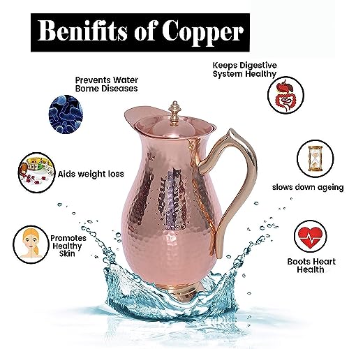 AVA DESIGNZ HandCrafted Hammered Copper Pitcher | Copper Jug with a Lid | Copper Carafe for Home, Hotel & Gifting (1100 ML) - CLEO HOME