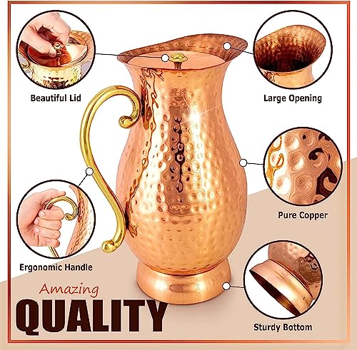 AVA DESIGNZ HandCrafted Hammered Copper Pitcher | Copper Jug with a Lid | Copper Carafe for Home, Hotel & Gifting (1100 ML) - CLEO HOME